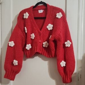 Cozy Red Knit Cardigan with Floral Accents